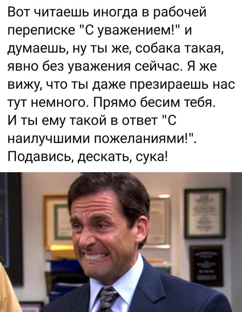 Вот читаешь иногда в рабочей переписке С уважением и думаешь ну ты же собака такая явно без уважения сейчас Я же вижу что ты даже презираешь нас тут немного Прямо бесим тебя И ты ему такой в ответ С наилучшими пожеланиями Подавись дескать сука