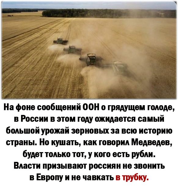На фоив сообщений 00 о грядущем гщдв в России в этои году ожидается самый большой урожай зерновых за всю истории страны Но кушать как говорил Медведи буди только тот у кого есть рубли Власти призывают россиян не звонить в Европу и из читать в трубку