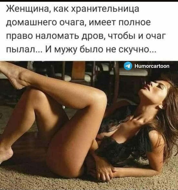ЖЕНЩИНЕ как хранительница ДОМЭШНЕГО ОЧЭГЭ ИМЭЭТ ПОЛНОЕ право наломать дров чтобы и очаг пылал И мужу было не скучно Нитшсзпоип