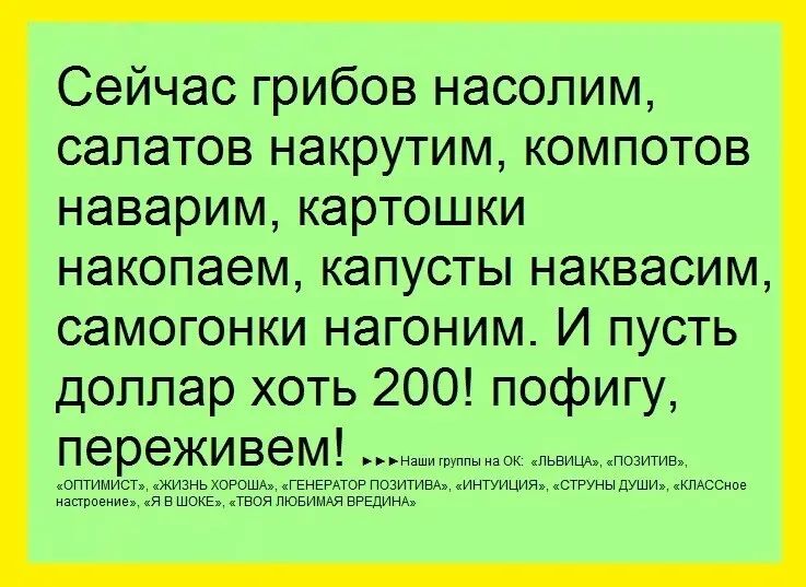 Сейчас грибов насолим салатов накрутим компотов наварим картошки накопаем капусты наквасим самогонки нагоним И пусть доллар хоть 200 пофигу переживем
