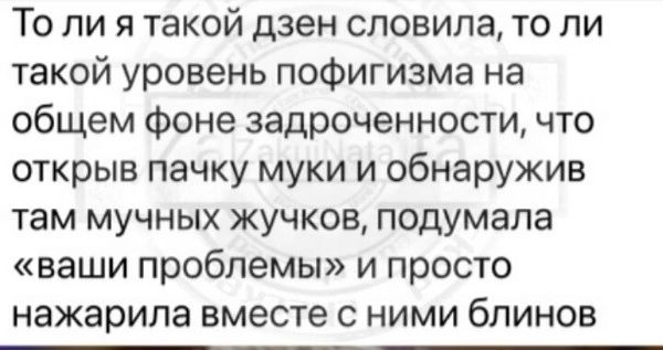 То ли я такой дзен словила то ли такой уровень пофигизма на общем Фоне задроченности что открыв пачку муки и обнаружив там мучных жучков подумала ваши проблемы и просто нажарила вместе с ними блинов