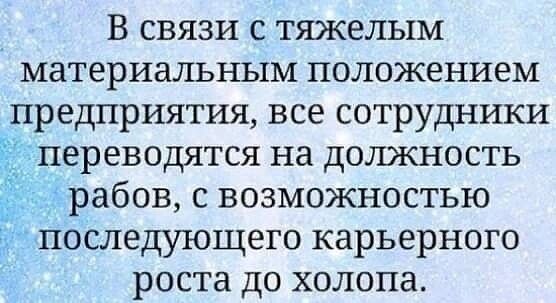 В связи с тяжелым материальным положением предприятия все сотрудники ереводятся на должность рабов с возможностью последующего карьерного роста до холопа