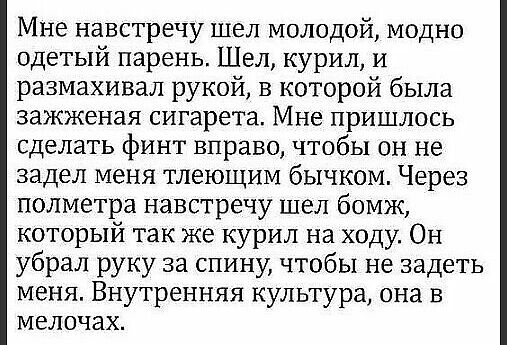 Мне навстречу шел молодой модно одетый парень Шел курил и размахивал рукой в которой была зажженая сигарета Мне пришлось сделать финт вправо чтобы он не задел меня тлеющим бычком Через полметра навстречу шел бомж который так же курил на ходу Он убрал руку за спину чтобы не задеть меня Внутренняя культура она в мелочах