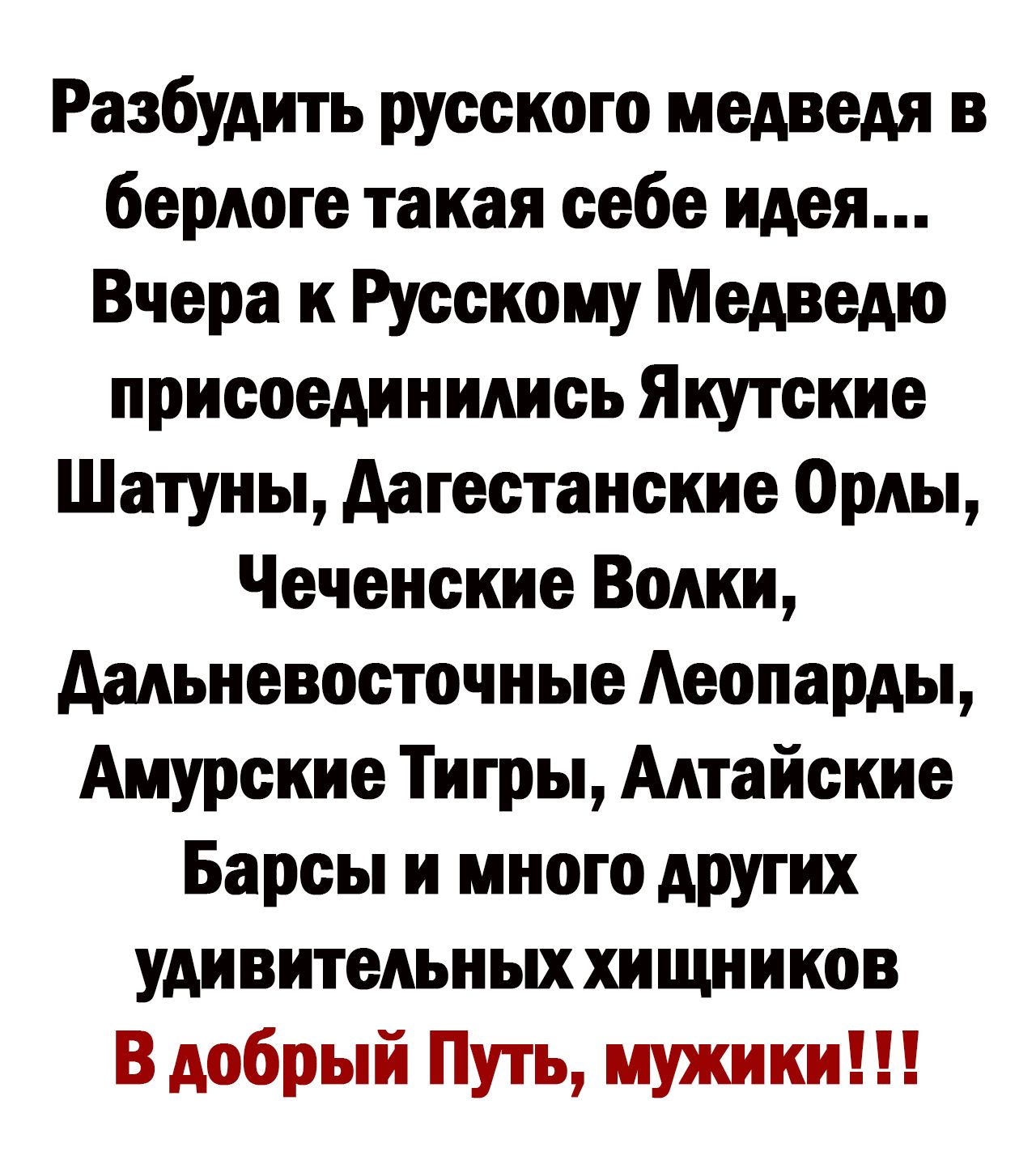 Разбудить русского медведя в берлоге такая себе идея Вчера к Русскому Медведю присоединились Якутские Шатуны Аагестанские Орлы Чеченские Волки дальневосточные Аеопарды Амурские Тигры Алтайские Барсы и много других удивительных хищников В добрый Путъ мужики