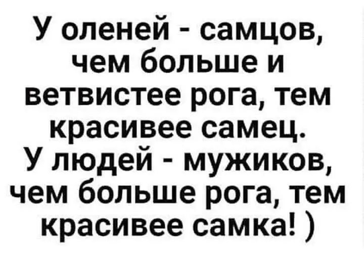У оленей самцов чем больше и ветвистее рога тем красивее самец У людей мужиков чем больше рога тем красивее самка