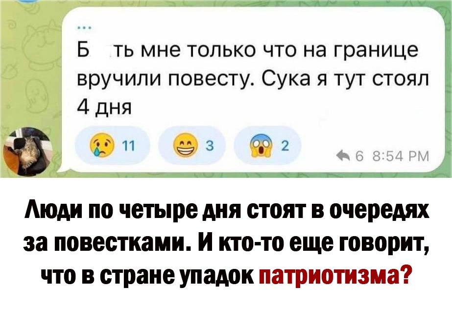 Б ть мне только что на границе вручили повесту Сука я тут стоял 4дня и 93 вт Мом по четыре дня стоят в очередях за повестка пи И кто то еще творит что в стране упадок патриотами