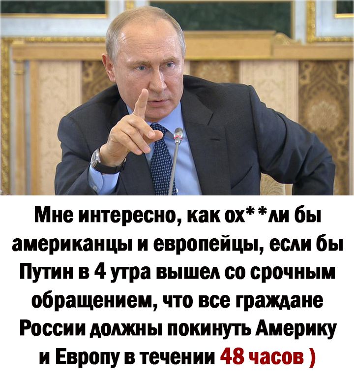 Мне интересно как ох ди бы американцы и европейцы если бы Путин в 4 утра вышел со срочным обращением что все граждане России дошы покинуть Америку и Европу в течении 458 часов