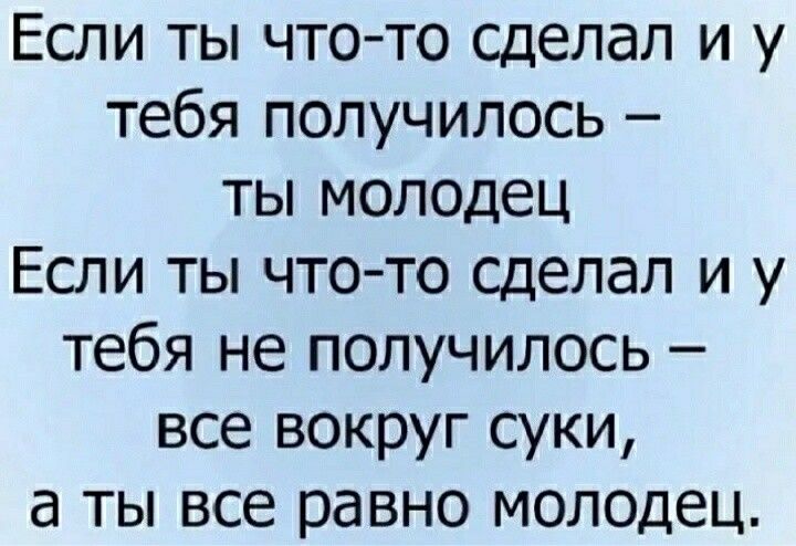 Если ты что то сделал и у тебя получилось ты молодец Если ты что то сделал и у тебя не получилось все вокруг суки а ты все равно молодец