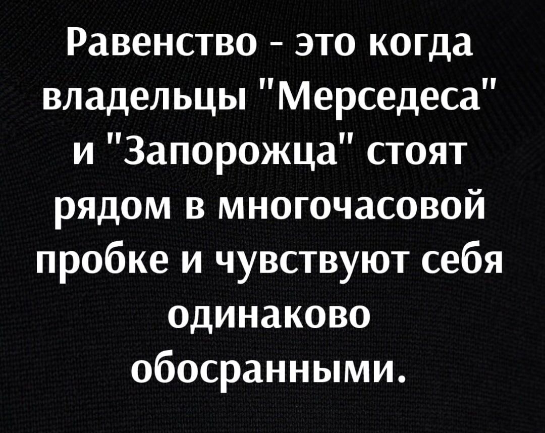 Равенство это когда владельцы Мерседеса и Запорожца стоят рядом в многочасовой пробке и чувствуют себя одинаково обосранными