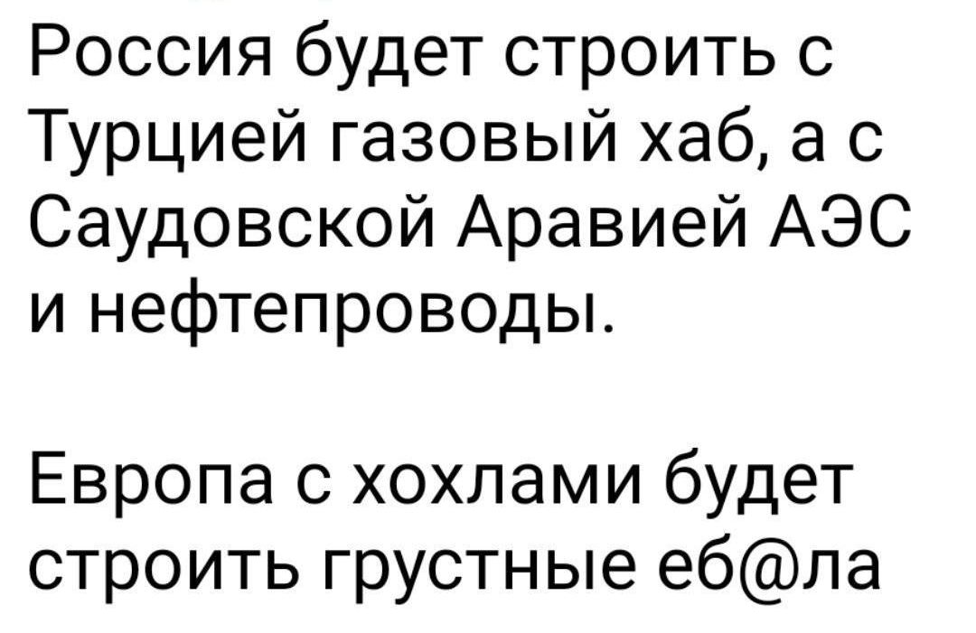 Россия будет строить с Турцией газовый хаб а с Саудовской Аравией АЭС и нефтепроводы Европа с хохлами будет строить грустные ебла