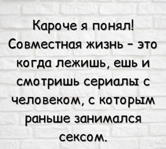 Кароче я понял Совместная жизнь это когда лежишь ешь и смотришь сериалы с человеком с которым раньше занимался сексом