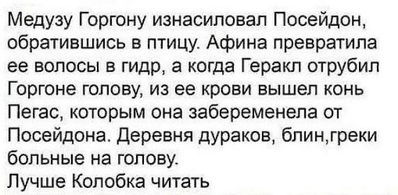 Медузу Горгону изнасиловал Посейдон обратившись в птицу Афина превратила ее волосы в гидр а когда Геракл отрубил Г оргоне голову из ее крови вышел конь Пегас которым она забеременела от Посейдона деревня дураков бпингреки больные на голову Лучше Колобка читать