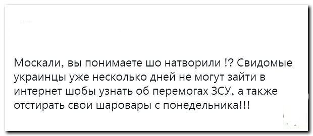 Москали вы понимаете шо натворили Свидомые украинцы уже несколько дней не могут зайти в интернет шобы узнать об перемотах ЗСУ а также отстирать свои шаровары понедельника