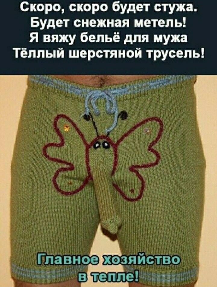 Скоро скоро будет стука Будет снежная метель Я вяжу бельё для мужа Тёплый шерстяной трусель Главное хозяйство в тепле