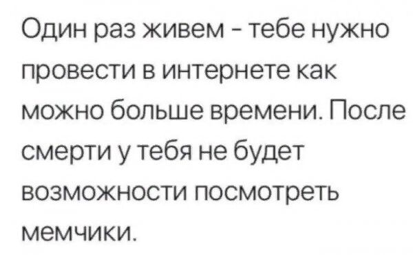 Один раз живем тебе нужно провести в интернете как можно больше времени После смерти у тебя не будет возможности посмотреть мемчики