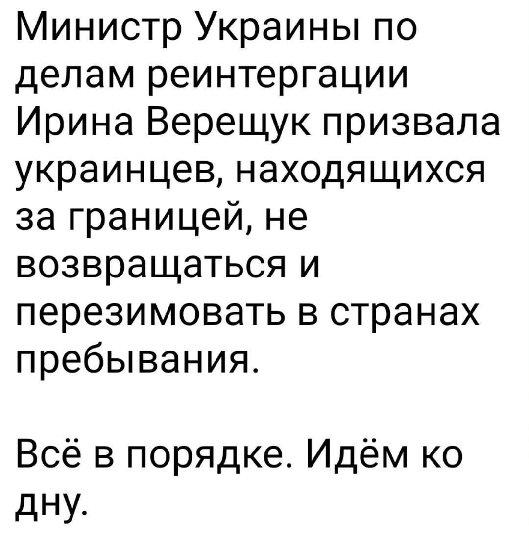 Министр Украины по делам реинтергации Ирина Верещук призвала украинцев находящихся за границей не возвращаться и перезимовать в странах пребывания Всё в порядке Идём ко дну