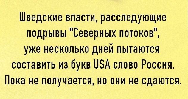 Шведские впасти расспедующие подрывы Северных потоков уже несколько дней пытаются составить из букв НЗА сповп Россия Пока не получается но они не сдаются