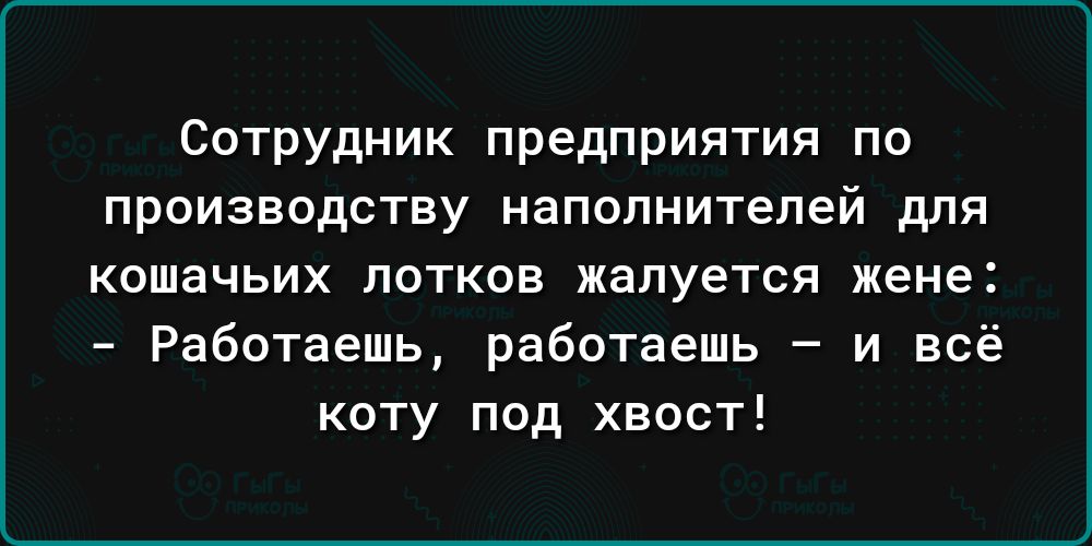 Сотрудник предприятия по производству наполнителей для кошачьих лотков жалуется жене Работаешь работаешь и всё коту под хвост