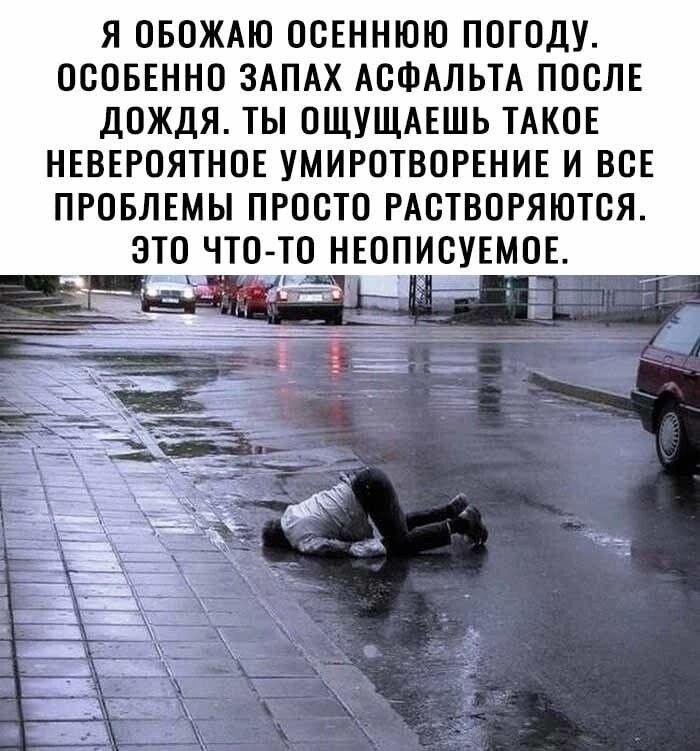 Я ОБОЖАЮ ОСЕННЮЮ ПОГОДУ ОСОБЕННО ЗАПАХ АСФАЛЬТА ПОСЛЕ ДОЖДЯ ТЫ ОЩУЩАЕШЬ ТАКОЕ НЕВЕРОЯТНОЕ УМИРОТВОРЕНИЕ И ВСЕ ПРОБЛЕМЫ ПРОСТО РАСТВОРЯЮТСЯ ЭТО ЧТО Т_О НЕОПИСУЕМОЕ