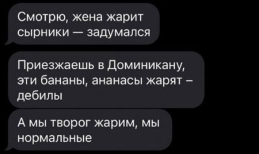 Смотрю жена жарит сырники задумался Приезжаешь в Доминикану ати бананы ананасы жарят дебилы А мы творог жарим мы нормальные