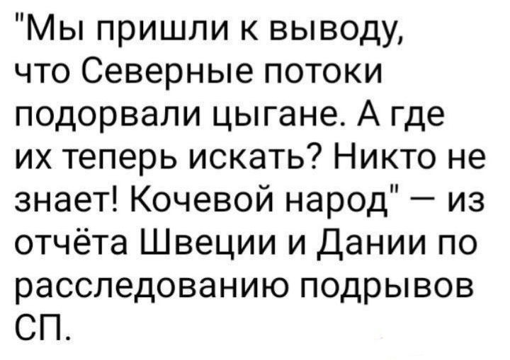 Мы пришли к выводу что Северные потоки подорвали цыгане А где их теперь искать Никто не знает Кочевой народ из отчёта Швеции и Дании по расследованию подрывов СП
