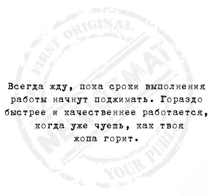 ВСегда жду пока сроки выполнения работы начнут поднимать Гораздо быстрее и качественнее работается когда уже чуешь как твсл жопа ГОРИТ