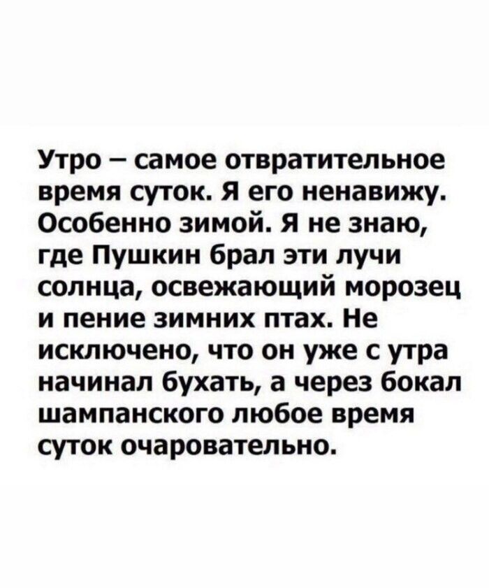 Утро самое отвратительное время суток я его ненавижу Особенно зимой Я не знаю где Пушкин брал эти лучи солнца освежающий морозец и пение зимних птах Не исключено что он уже с утра начинал бухать а через бокал шампанского любое время суток очаровательно