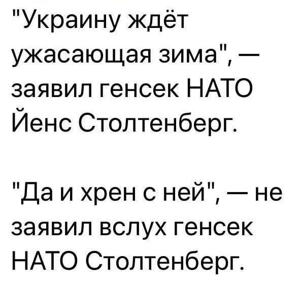 Украину ждёт ужасающая зима заявил генсек НАТО Йенс Стоптенберг Да и хрен с ней не заявил вслух генсек НАТО Стоптенберг