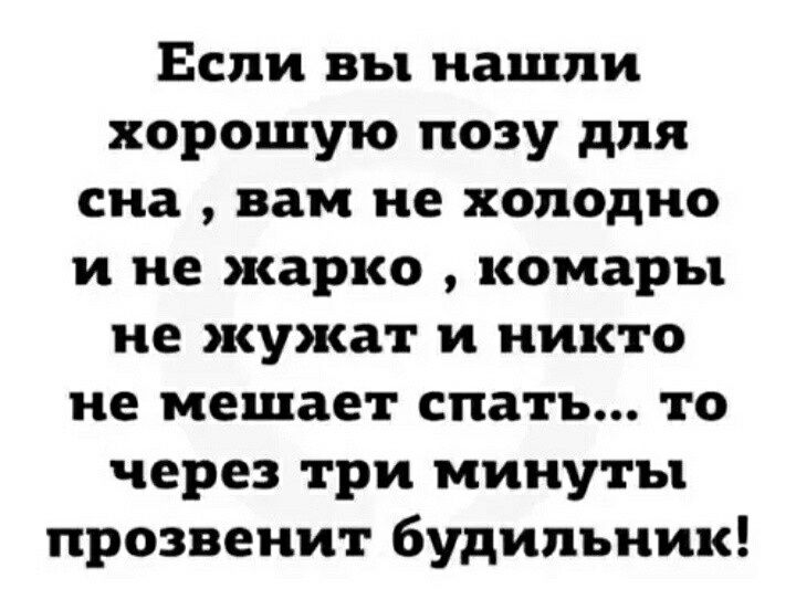 Если вы нашли хорошую позу для сна вам не холодно и не жарко комары не жужат и никто не мешает спать то через три минуты прозвеиит будильник