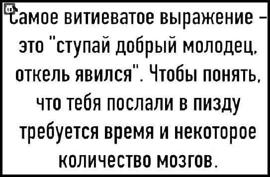Ёамое витиеватое выражение это ступай добрый молодец откель явился Чтобы понять что тебя послали в пизду требуется время и некоторое количество мозгов