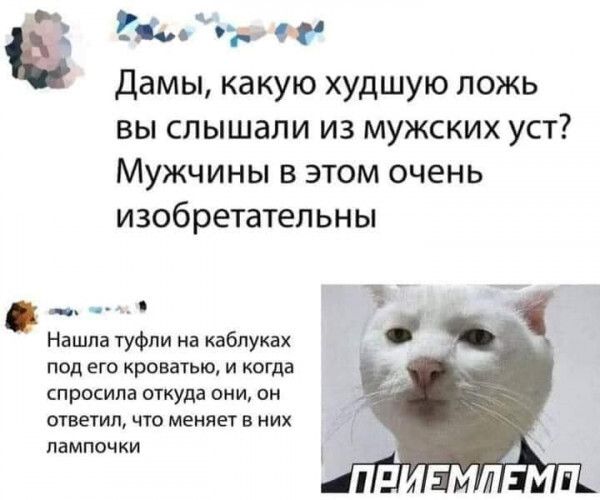 00Р и дамы какую худшую ложь ВЫ слышали ИЗ МУЖСКИХ УСТ Мужчины в этом очень изобретательны Нашла туфли на квбпунх под криватъю и когда просила шкуда они он ответил что меняет в лампочки