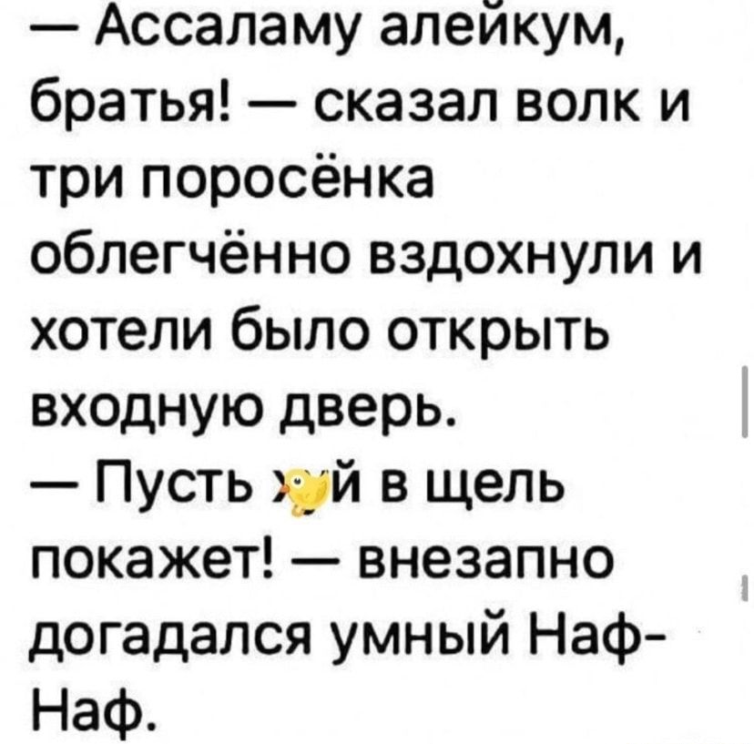 Ассаламу алейкум братья сказал волк и три поросёнка облегчённо вздохнули и хотели было открыть входную дверь Пусть тй в щель покажет внезапно догадался умный Наф Наф