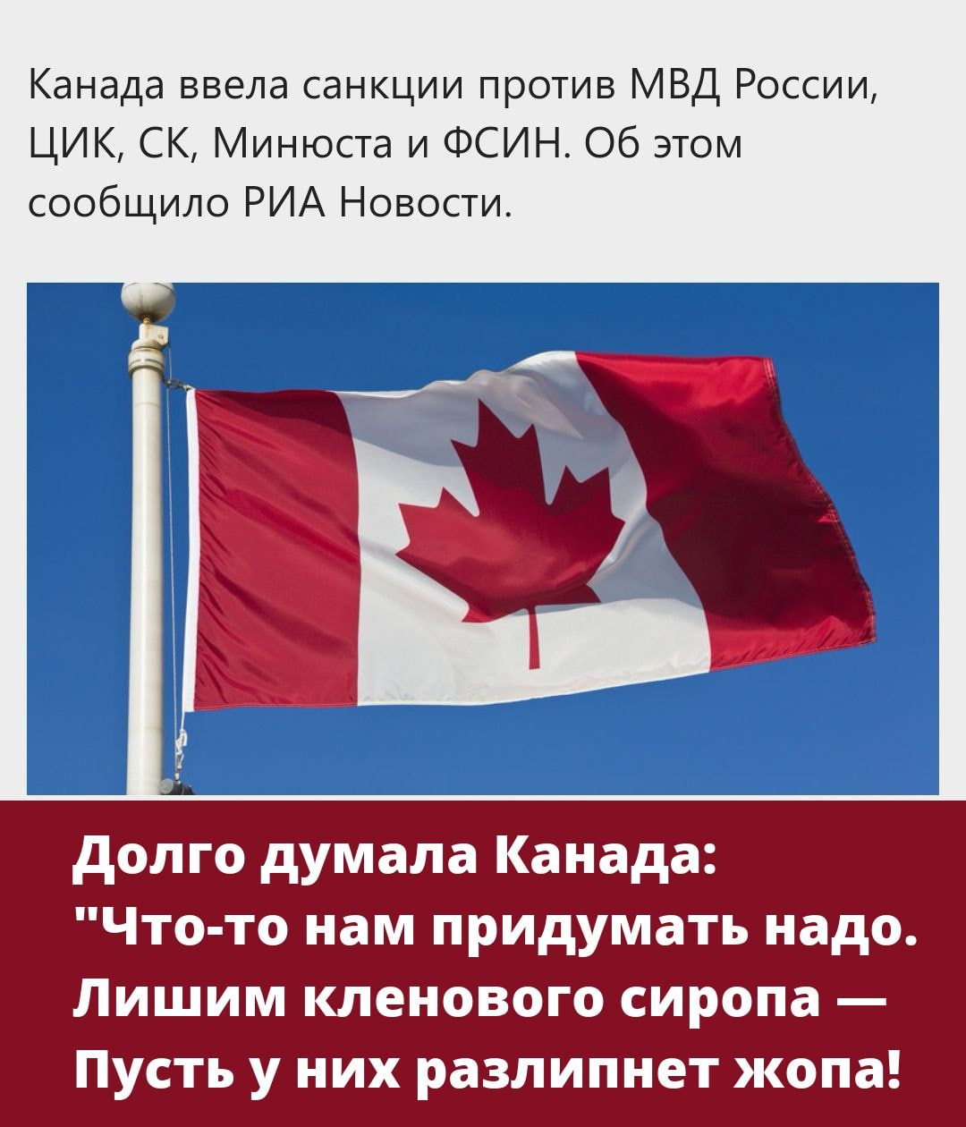 Канада ввела санкции против МВД России ЦИК СК Минюста и ФСИН Об этом сообщило РИА Новости долго думала Канада Что то нам придумать надо Пишим кленового сиропа Пусть у них разпипиет жопа