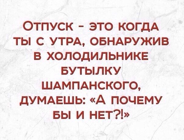 ОТПУСК ЭТО КОГДА ТЫ С УТРА ОБНАРУЖИВ В ХОЛОДИЛЬНИКЕ БУТЫЛКУ ШАМПАНСКОГО дУМАЕШЬ А ПОЧЕМУ БЫ И НЕТ