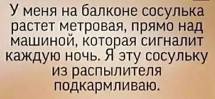 У меня на балконе сосулька растет мртровая прямо над машинои которая сигналит каждую ночь Я эту сосульку из распылителя подкармливаю