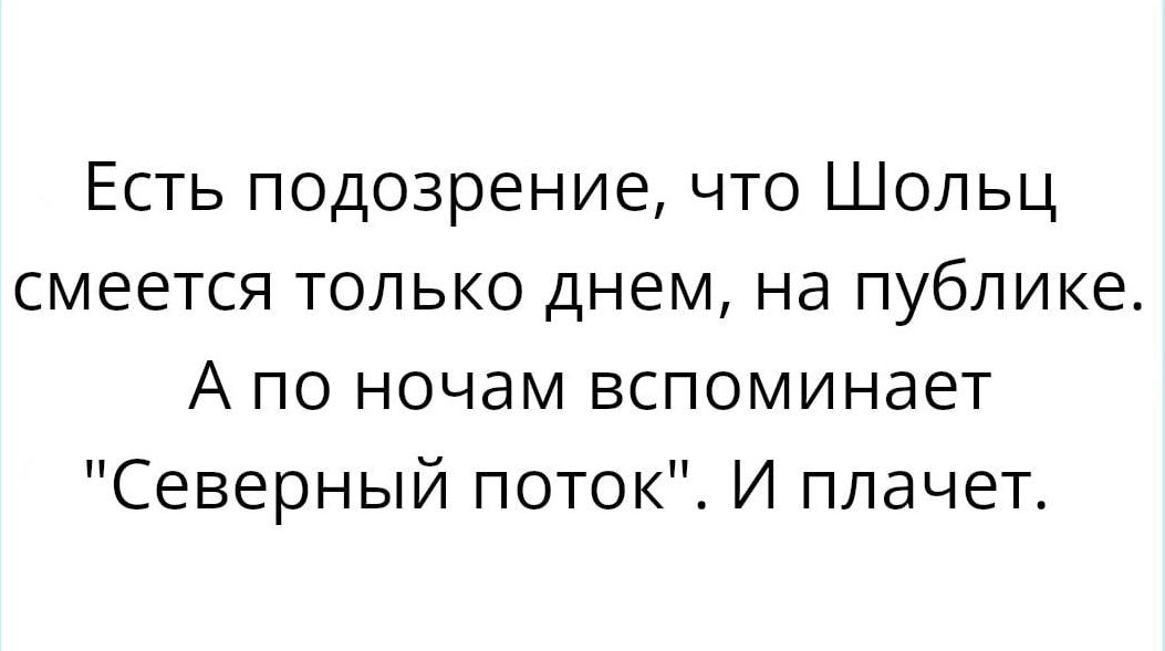 Есть подозрение что Шопьц смеется только днем на публике А по ночам вспоминает Северный поток И плачет