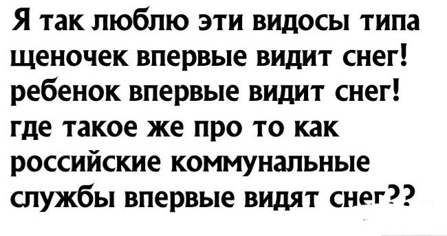 Я так люблю эти видосы типа щеночек впервые видит снег ребенок впервые видит снег где такое же про то как российские коммунальные службы впервые видят снег