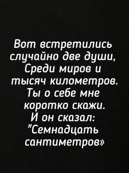 Вот встретились случайно две души Среди миров и тысяч километров Ты о себе мне коротко скажи И он сказал Семнадцать сантиметров