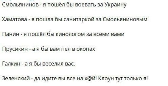 Смольянииав и пошёл бы воевать за Украину Хаматова я пошла бы санитарки за Сиольянииовнм Панин я пошел бы кииоіюгом за всеми вами Прушкии а я бы вам в окопах Галкин а я бы веселия вас Зеленский да идите вы все на Клоун тут только из