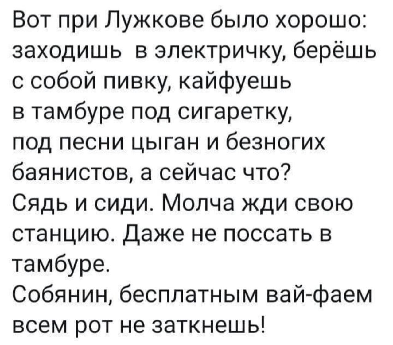 Вот при Лужкове было хорошо заходишь в электричку берёшь с собой пивку кайфуешь в тамбуре под сигаретку под песни цыган и безногих баянистов а сейчас что Сядь и сиди Молча жди свою станцию Даже не поссать в тамбуре Собянин бесплатным вайфаем всем рот не заткнешь