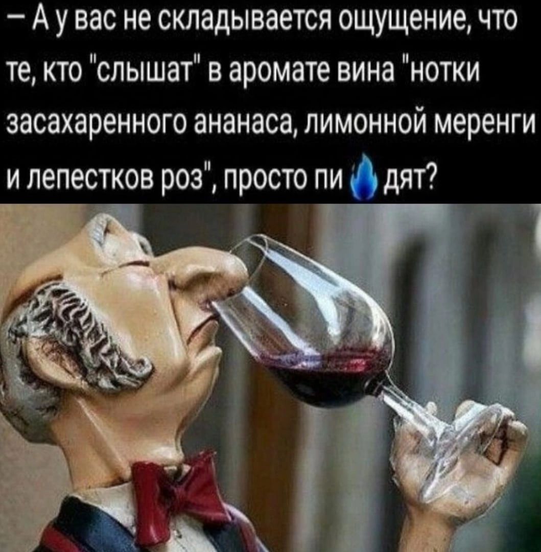 Ау вас не складывается ощущение что те кто слышат в аромате вина нотки засахаренного ананаса лимонной меренги и лепестков роз просто пи дят