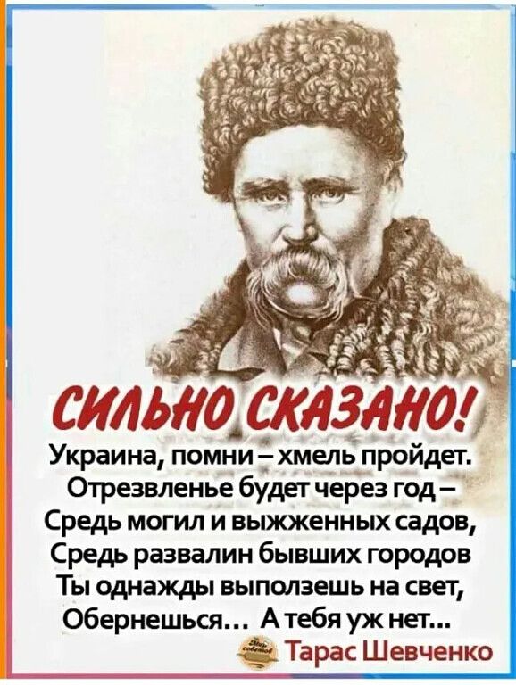 СИЛЫ0 СКдЗдЁШ Украина помниЁхмелЁ пройдет Отрезвпенье будет чврез год Средь могил и выхокенных садов Средь развалин бывших городов Ты однажды выползешь на свет Обернешься Атебя уж нет Тарас Шевченко