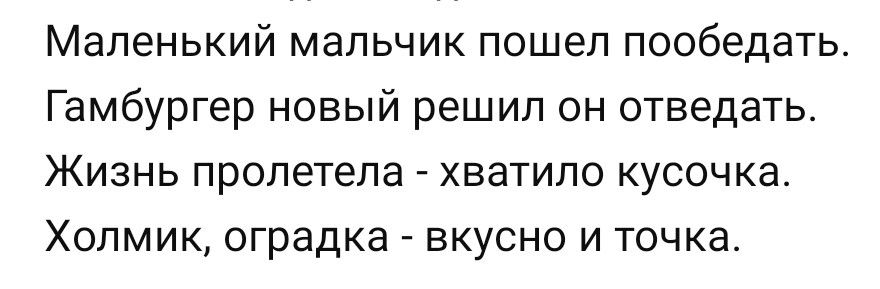 Маленький мальчик пошел пообедать Гамбургер новый решил он отведать Жизнь пролетела хватило кусочка Хопмик оградка вкусно и точка