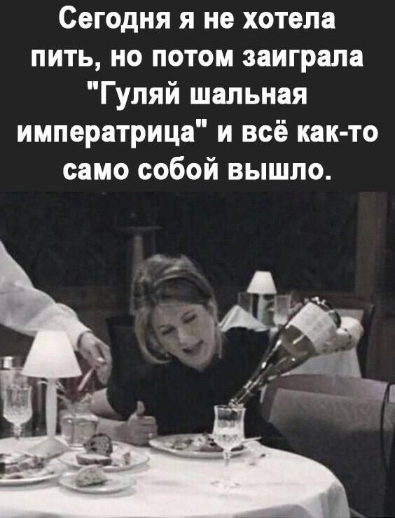СЕГОДНЯ Я не хотела пить но потом заиграла Гуляй шальная императрица и всё как то само собой вышло