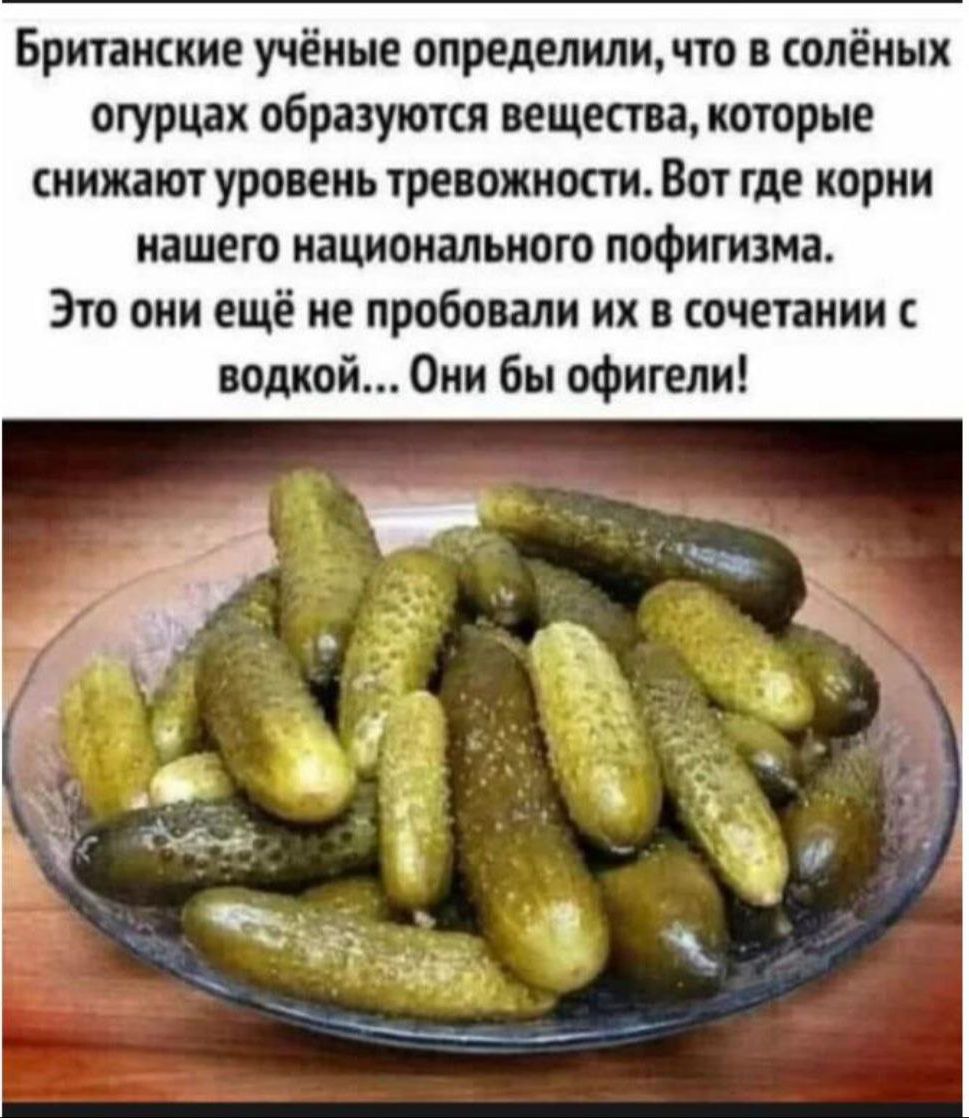 Британские учёные определиличто солёных отурцах образуются вещества которые снижают уровень тревожности Вот где корни нашего национального пофигизма Это они ещё не пробовали их в очетанин водной Они бы офигели