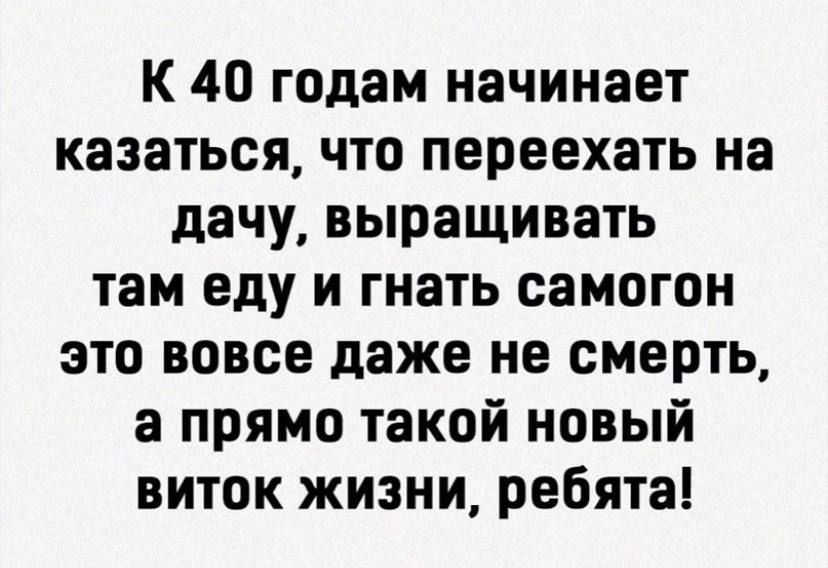 К 40 годам начинает казаться что переехать на дачу выращивать там еду и гнать самогон это вовсе даже не смерть а прямо такой новый виток жизни ребята