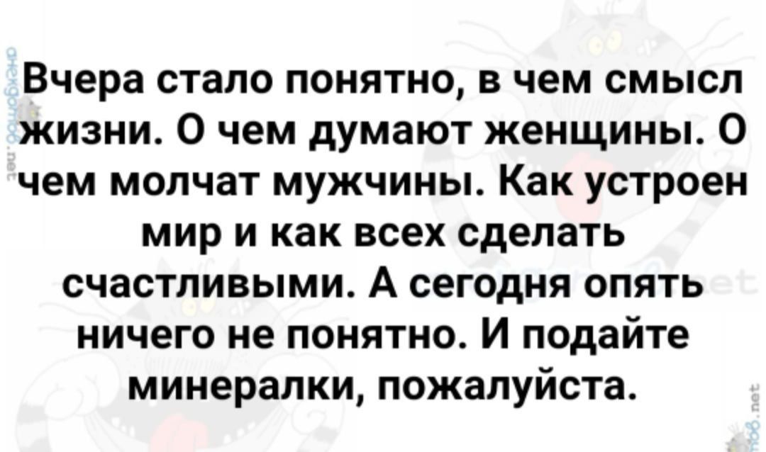 Вчера стало понятно в чем смысл жизни О чем думают женщины 0 чем молчат мужчины Как устроен мир И как всех сделать счастливыми А сегодня ОПЯТЬ НИЧЕГО НЕ ПОНЯТНО И подайте минералки пожалуйста