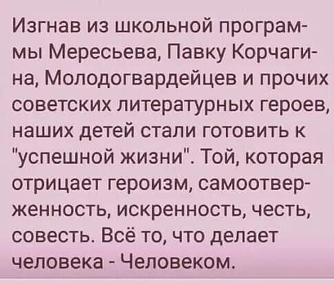 Изгнав из школьной програм мы Мересьева Павку Корчаги на Молодогвардейцев и прочих советских литературных героев наших детей стали готовить к успешной жизниі Той которая отрицает героизм самоотвер женность искренность честь совестье Всё то что делает человека Человеком