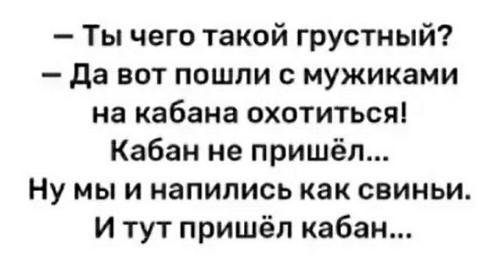 Ты чего такой грустный да вот пошли с мужиками на кабана охотиться Кабан не пришёл Ну мы и напились как свиньи И тут пришёл кабан