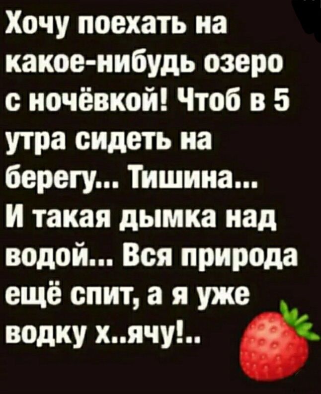 Хочу поехать на какое нибудь озеро с ночёвкой Чтоб в 5 утра сидеть на берегу Тишина и такая дымка над водой Вся природа ещё спит а я уже водку хячу